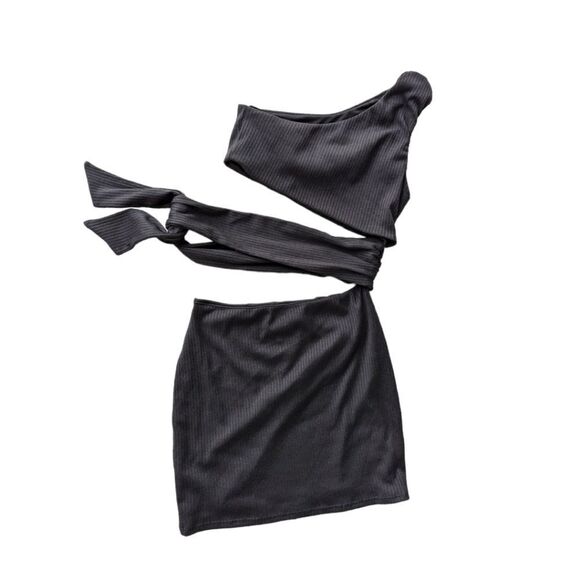 Lulu's Never Going Home Black Ribbed One-Shoulder Cutout Bodycon Dress Sz M - Picture 6 of 6